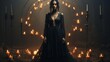 © Mary_muis/stoker ua - A beautiful girl in the style of a witch in Gothic clothes with a staff against the background of the moon and candles. Night of the Witch or All Hallows' Eve. Concept: coven, mysticism, game charact