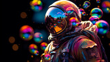 Fototapeta Miasto - AI-Generated Astronaut Exploring Vibrant Cosmic Landscape: A Surreal Pop Art Odyssey