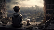 Young Child Is Looking At A Destroyed City After War