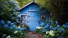 Beautiful Blue Garden Shed: A Countryside Building With Botanical Flora And A Lovely Door For Gardening In Style
