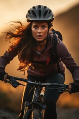 Wall Mural - Young woman riding bicycle on mountain trail. Generative AI