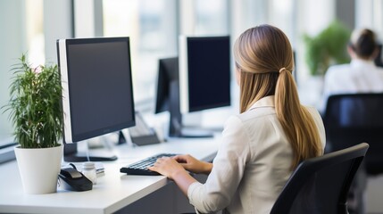  A businesswoman is in front of a computer screen