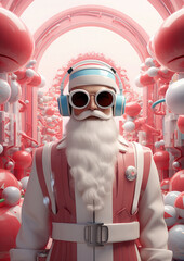 stylish Santa Claus in a trendy rainbow-tinted VR headset embarks on a virtual holiday adventure on metaverse