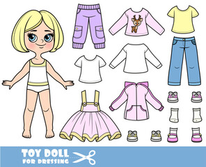 Wall Mural - Cartoon blond girl with short bob and clothes separately -   shirts, long sleeve, breeches, skirt, sandals, jeans and sneakers