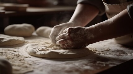 Wall Mural -  Hands kneading dough. Created with Generative AI technology.