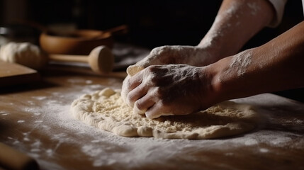 Canvas Print -  Hands kneading dough. Created with Generative AI technology.