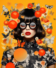 Mixed-Media Colorful Portrait Of Woman In Modern Sunglasses With Different Collage Elements In Orange Background. Generative AI