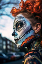Generative AI Illustration Of Side View Of Young Female With Red Curly Hair And Tattoos In Catrina Halloween Makeup Looking Away While Standing On Blurred Background