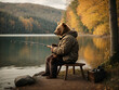 A bear fishing with a fishing rod in autumn