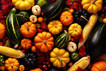 Wall Mural - Autumn background with seasonal fruits and vegetables, top view, flat lay