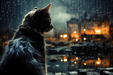 A Black Cat Watching The Rain Fall, The Rain Is Represented With Data Visialization