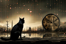 A Black Cat Looking At An Antique Wooden Clock, Abstract Illustration