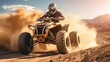 © piai - Extreme ATV rider rushing on dirt track through forest. Generative AI