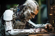 a cyborg humanoid robot is manipulating some cables