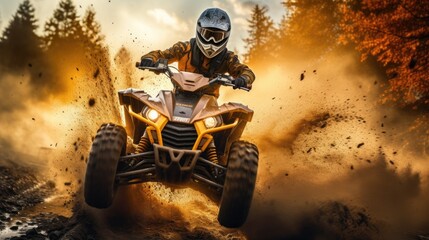 Wall Mural - Extreme ATV rider rushing on dirt track through forest. Generative AI