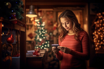 Wall Mural - Connected Christmas: Modern Celebrations as a Young Woman Enjoys the Holidays with Her Smartphone

