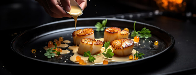 fine dining chef preparing Grilled scallops recipe in creamy butter lemon or Cajun spicy dripping sauce with herbs and garnish as wide banner poster on black background with copy space area