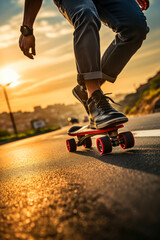 Young man using longboard skating fast enjoying cruising downhill riding skateboard at sunset. Generative AI