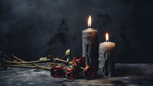 Romantic Candles And Dry Or Dead Roses Against A Moody Black, Textured Background - Witchy And Dark Academia Aesthetic For Halloween Or Backdrop - Grunge - With Copy Space
