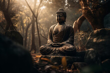 Statue Sculpture Of Ancient Buddha In Morning A Forest. Zen Spiritual Ritual Meditating White Face Of Brown Buddha Green Background. Spiritual Calmness And Awakening. Religion Travel Esoterics Concept