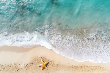 Poster - Top view of sand beach seashore, sea waves with white foam, copy space, starfish.