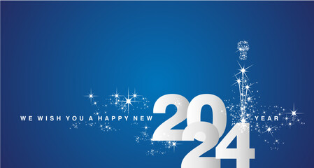 Wall Mural - We wish you a Happy New Year 2024 event new elegant style calendar numbers shining silver white blue greeting card