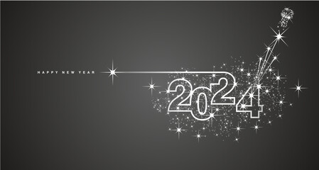 Wall Mural - New Year 2024 eve line design numbers light sparkler firework champagne shining white black vector