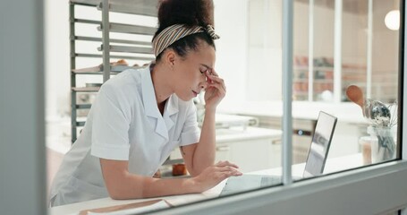 Poster - Chef, laptop and woman with stress, headache and burnout with mistake, financial issue and tax report. Person, entrepreneur or business owner with a pc, migraine and bankruptcy with anxiety and audit