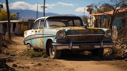 Poster - an old car parked in a dirt lot