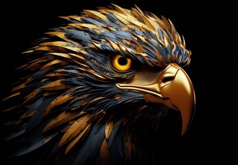 Wall Mural - Digital illustration of eagle face on black background. Generative AI
