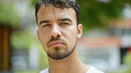 Wall Mural - Young hispanic man standing with serious expression at park