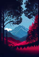 Blue mountain and trees vector style,  Generative AI illustrations