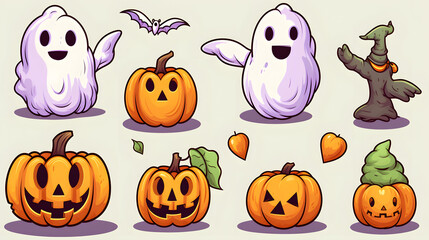 Poster - Halloween set of elements, ghost, pumpkin and bat. cute illustration in hand drawn style
