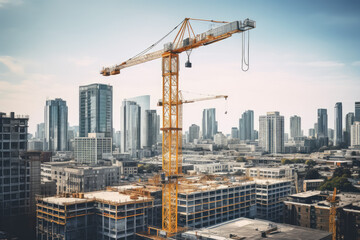 Construction crane against the backdrop of urban skyscrapers