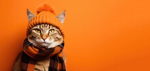 Cute Cat Dressed In A Fall/ Autumn Scarf And Hat On An Orange Background With Space For Copy