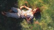 young beautiful woman lying down on grass at meadow, summer vacation concept, generative AI