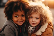 Portrait Of Two Child Embracing And Laughing Hard Outdoors. Two Cute Smiling Little Boys Belonging To Different Races Together For Fun, Bonding Or Playing.  Best Friends