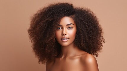 Canvas Print - Lovely ebony woman. On a beige background, a beauty portrait of an African American woman with clean, healthy skin. Beautiful afro girl with a smile. 