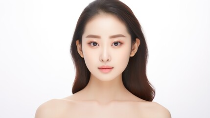 Poster - Young cheerful woman looking at the camera, beauty and spa, Asian woman portrait on a white background. generative ai