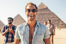 Lifestyle Portrait Photography Of A Satisfied Man In His 30s That Is Smiling With Friends In Front Of The Pyramids Of Giza In Cairo Egypt