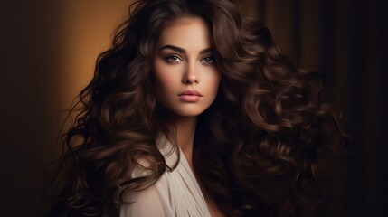 Poster - Captivating Curls: A beautiful woman with long, flowing brown curls gazes into the camera with a captivating intensity.