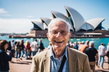 Wall Mural - Lifestyle portrait photography of a pleased man in his 70s that is with the family at the Sydney Opera House in Sydney Australia