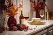 © ratatosk - Interior of white kitchen in classic style. Red and orange leaves and berries in golden vase on light background. Concept of home and comfort. Autumn decor for Halloween or Thanksgiving day