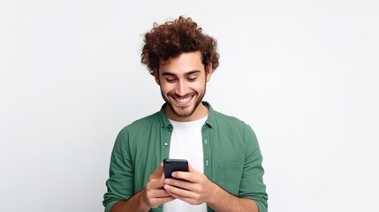 person with mobile phone on white background