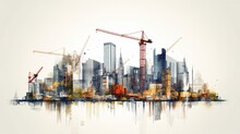 Construction Site Background. Hoisting Cranes And New Multi-storey Buildings. Industrial Background. Generative Ai