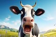 Funny surprised cow with a goofy face in a sunny meadow 3D realistic photo