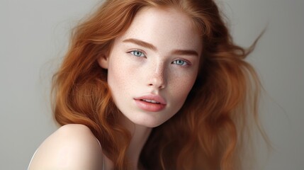 Poster - Redhead Beauty Portrait: Captivating close-up of a stunning young woman with vibrant red hair and captivating blue eyes. 