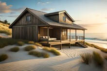 Sunset Serenity: A weathered wooden house stands proudly against the sandy shoreline, its windows reflecting the fiery hues of a breathtaking sunset. The calm sea laps gently at the base of the house