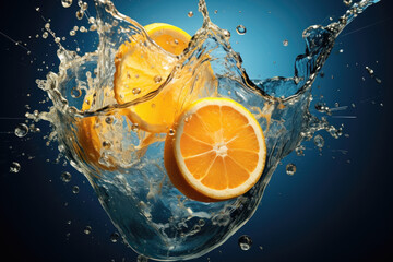 Wall Mural - Splashing oranges on blue background