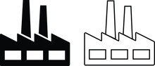 Factory Icons Set. Industrial Buildings Pictogram. Black Silhouettes Of Manufacturing Objects Isolated On White Background. Contours Of Plants For Industrial Design Collection.